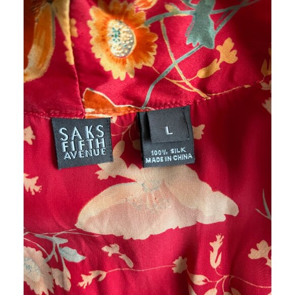 Saks Fifth Avenue 100% Silk Long Robe, Red floral, Size L - Picture 10 of 11